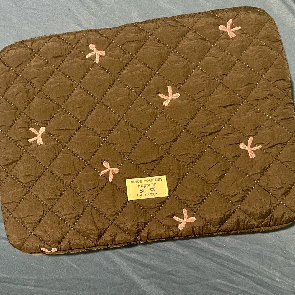Quilted Black iPad / Laptop Sleeve with Pink Embroidered Bows